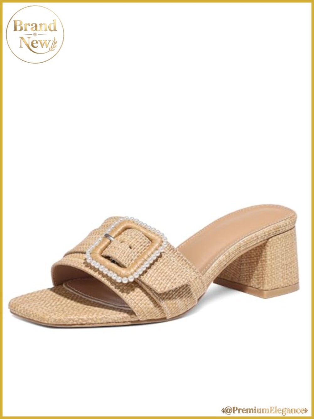 Woven Raffia Chunky Heel Mules Square Toe Slip-On Sandals